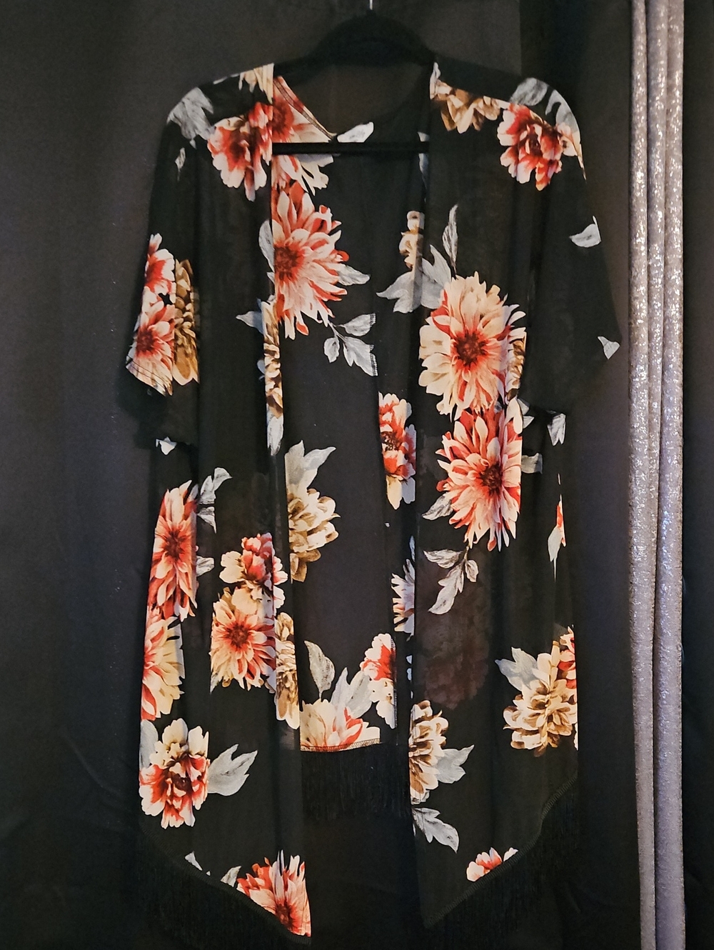 Siren Lily Black Floral Fringe Kimono with Peach and Cream Blooms
